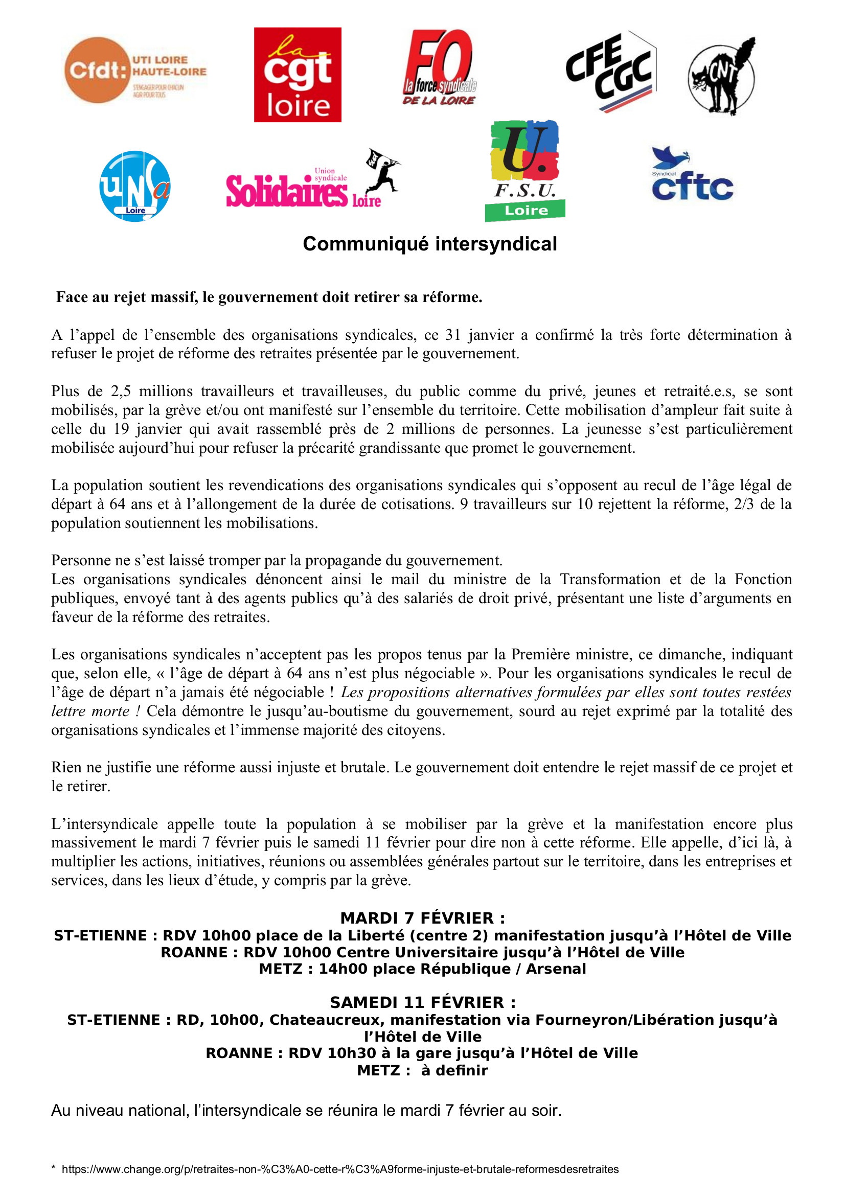 7 et 11 fevrier 2023 Communiqué intersyndical national loire moselle