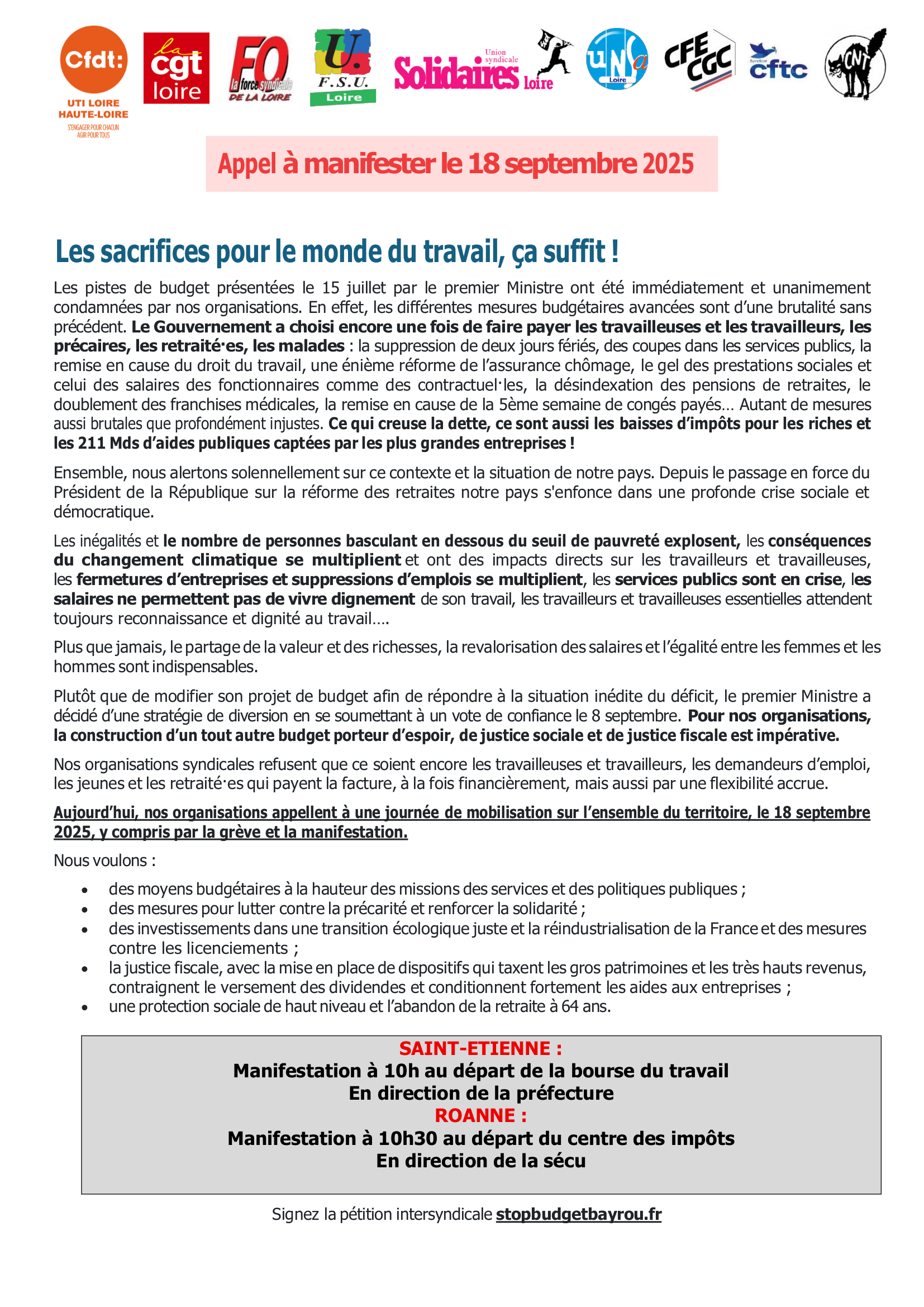 LOIRE tract intersyndical 18 septembre 2025